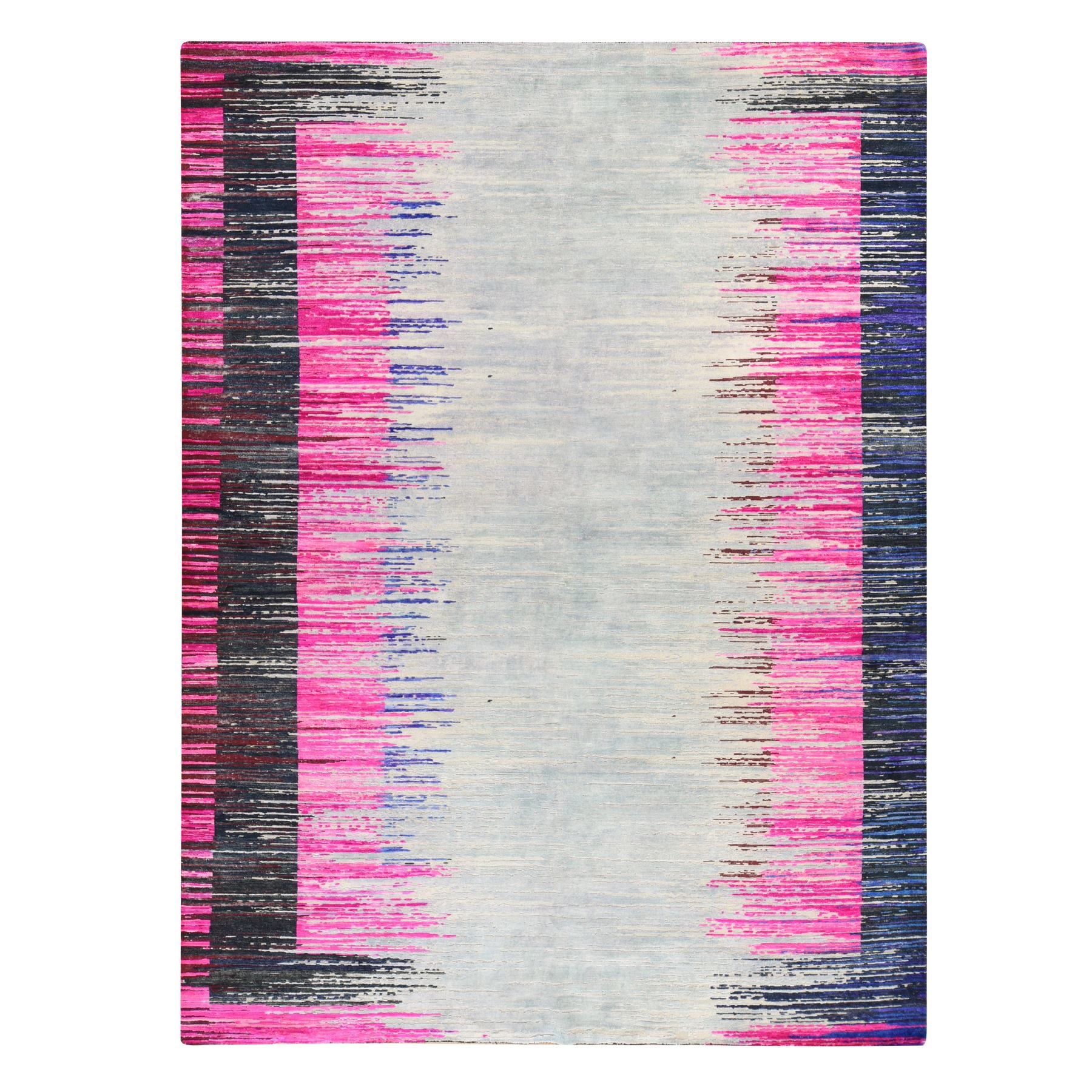 9'x12' Hot Pink, Erased Horizontal Line Design, Sari Silk with Textured Wool, Oriental Rug 